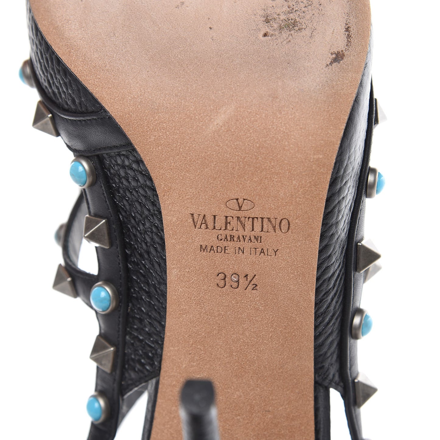 Pebbled Calfskin Turquoise Rockstud Rolling Ankle Strap 100mm Pumps 39.5 Black