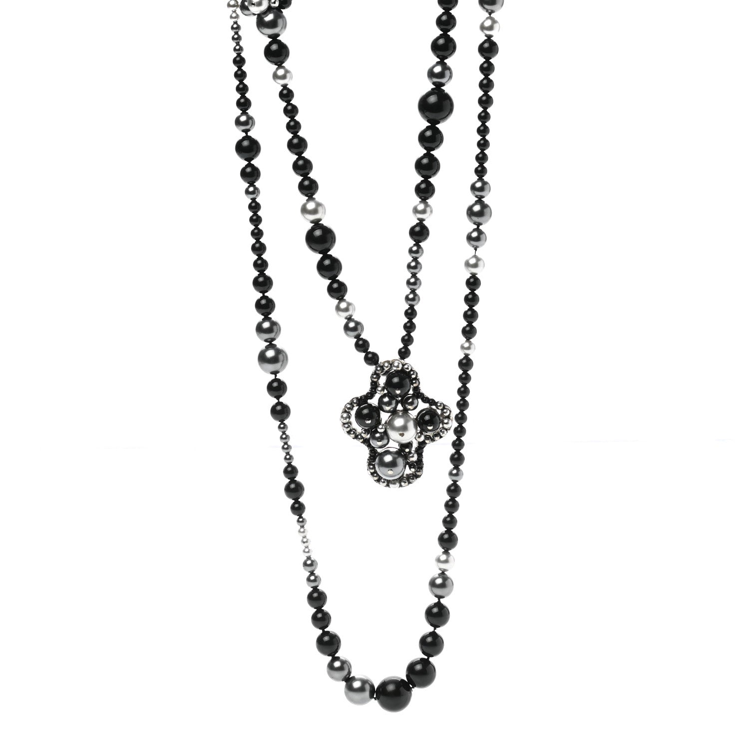 Chanel Pearl Beaded CC Long Necklace Black Silver 1 of 5