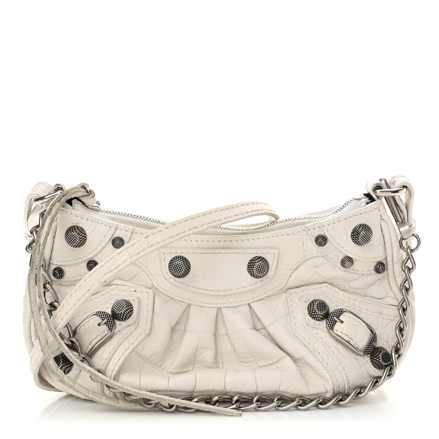 Extra Supple Calfskin Crocodile Embossed Le Cagole Mini Purse With Chain White