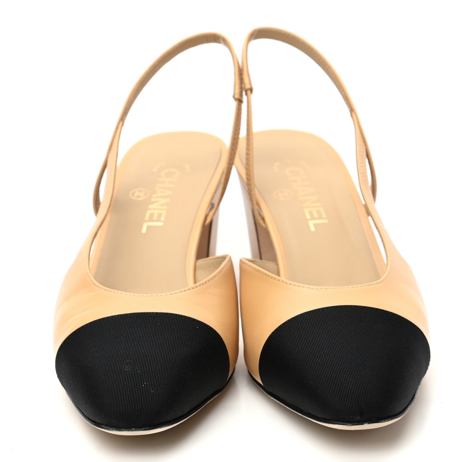 Chanel Goatskin Grosgrain Cap Toe CC Slingback Pumps 41 Beige Black 2 of 8