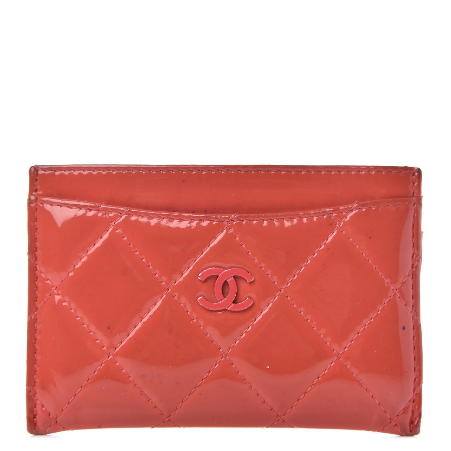 Patent Calfskin Quilted Card Holder Coral