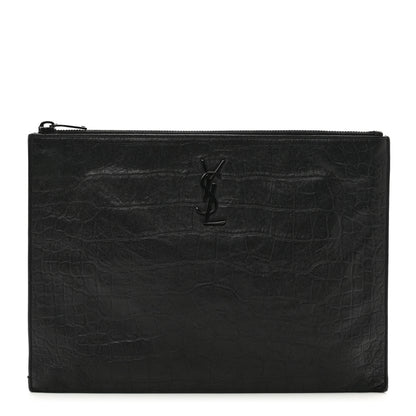 Saint Laurent Calfskin Crocodile Embossed Monogram iPad Case Black 1 of 8