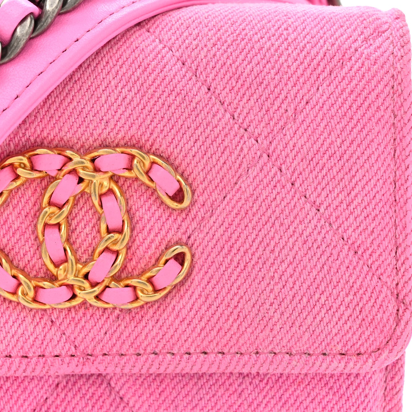 Denim Quilted Chanel 19 Flap Coin Purse With Chain Pink
