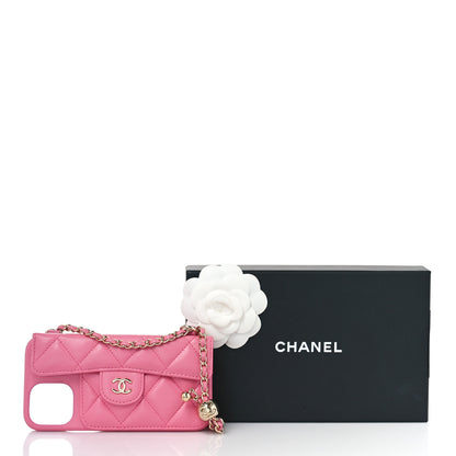Chanel Lambskin Quilted Pearl Crush iPhone XII Pro Holder With Chain Pink 10 of 10