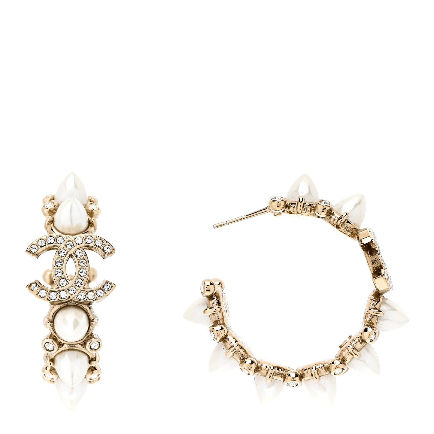 Spike Pearl Crystal CC Hoop Earrings Gold Pearly White