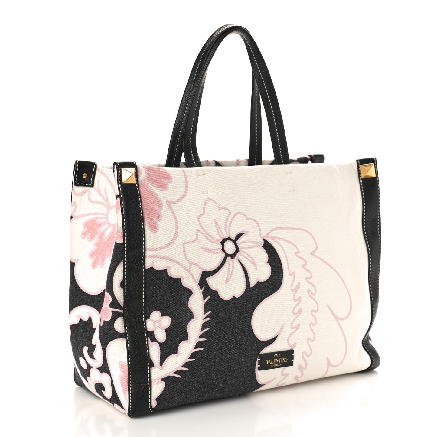 Canvas Calfskin Floral Print Tote Naturale Black