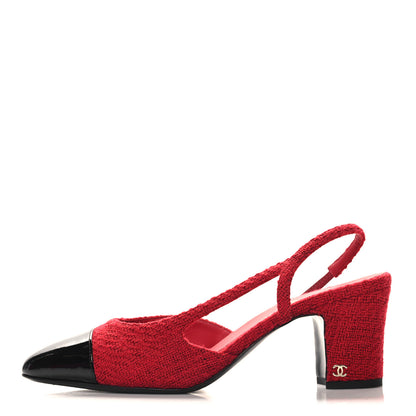Chanel Tweed Patent Cap Toe CC Slingback Pumps 41 Red Black 1 of 10