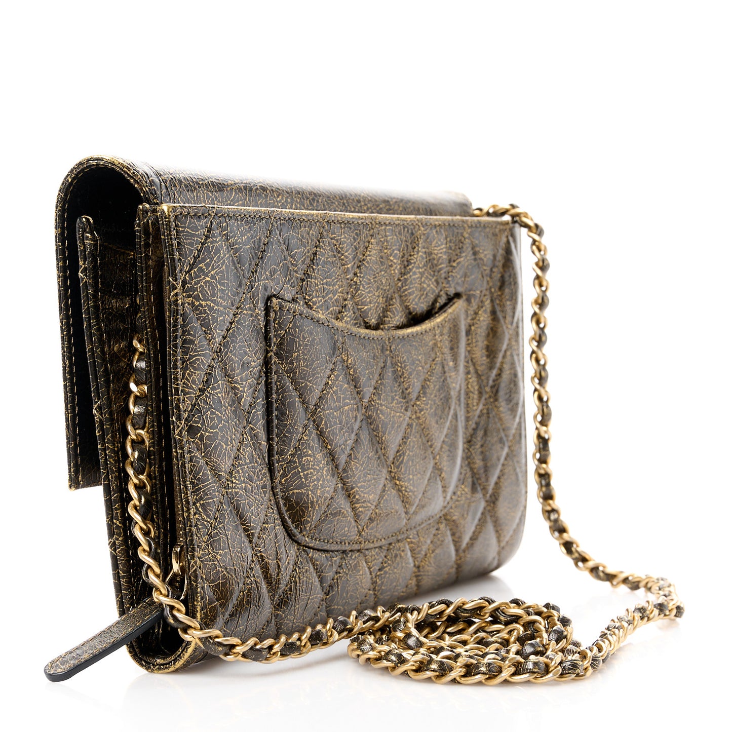 Cracked Metallic Calfskin Quilted Zip Away Chain Clutch Gold