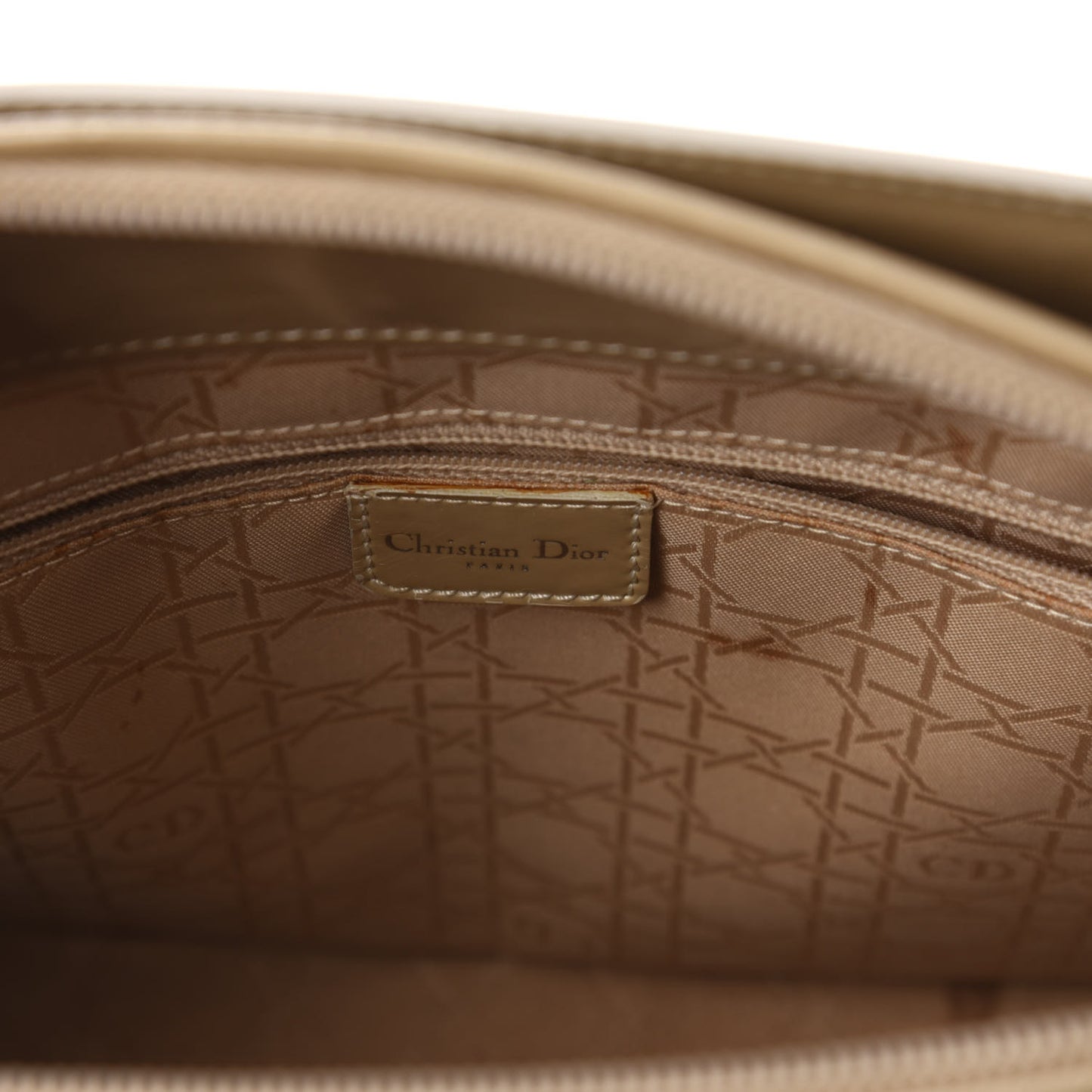 Patent Chrome Beaded Malice Tote Beige