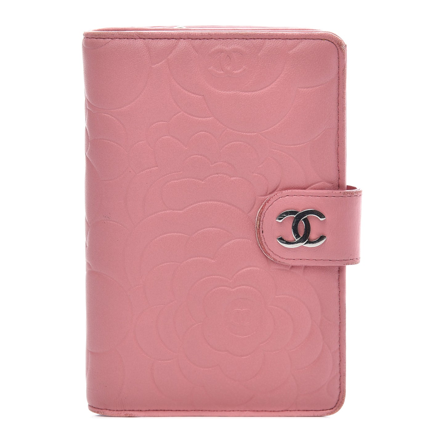 Lambskin Camellia Embossed L-Zip Pocket Wallet Pink