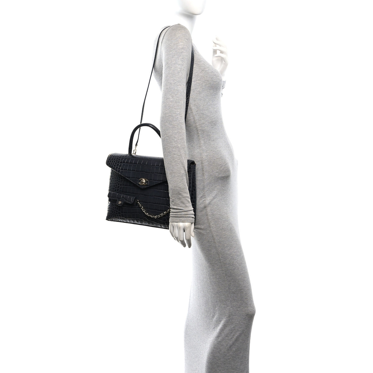 Calfskin Crocodile Embossed Fifth Avenue Maxi Flap Top Handle Bag Dark Grey