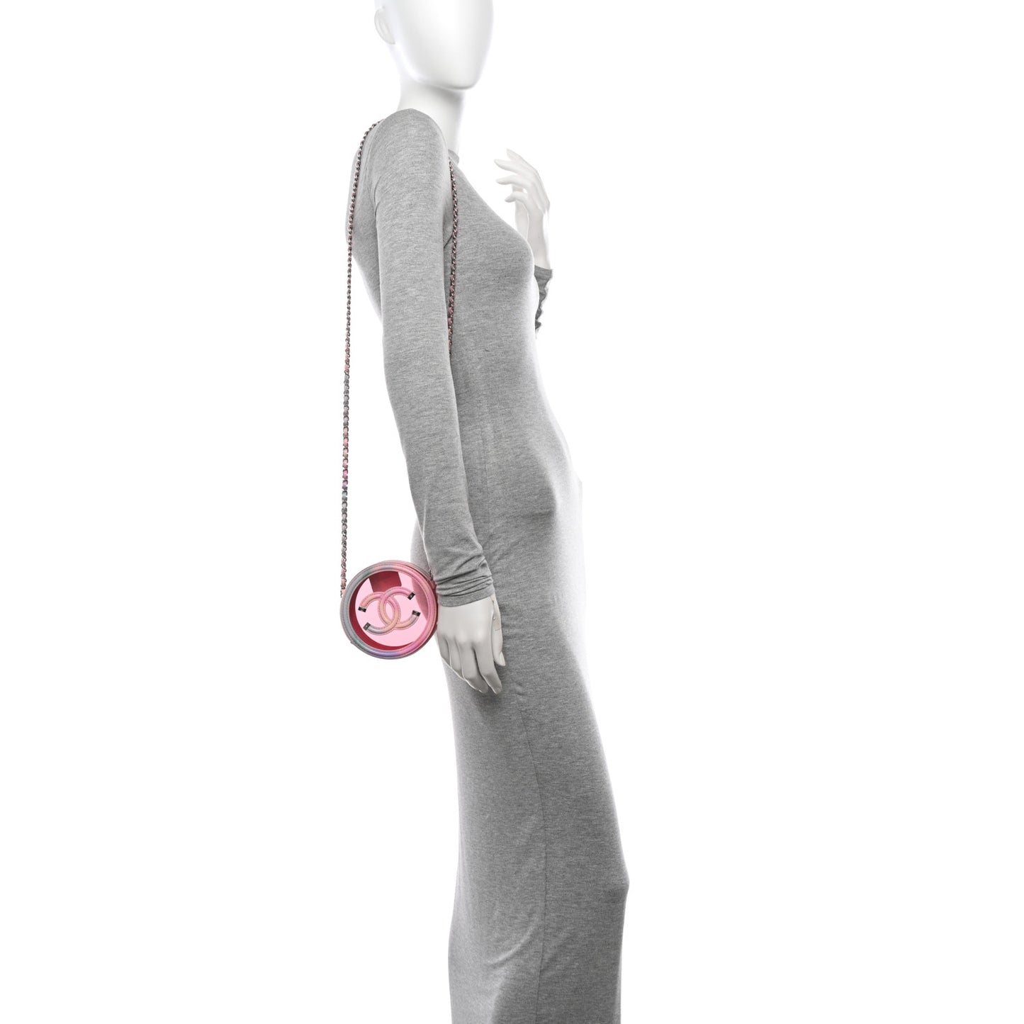 PVC Lambskin Filigree Round Clutch With Chain Pink