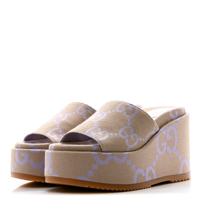 Gucci Monogram Jumbo GG Platform Slide Wedge Sandals 39.5 Beige Lapis 3 of 7
