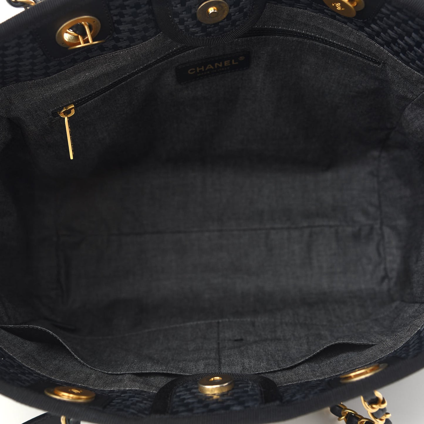 Straw Raffia Calfskin Chain Small Deauville Tote Navy