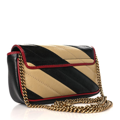 Gucci Vintage Effect Calfskin Matelasse Diagonal Striped Super Mini Torchon GG Marmont Shoulder Bag Black Beige 3 of 10