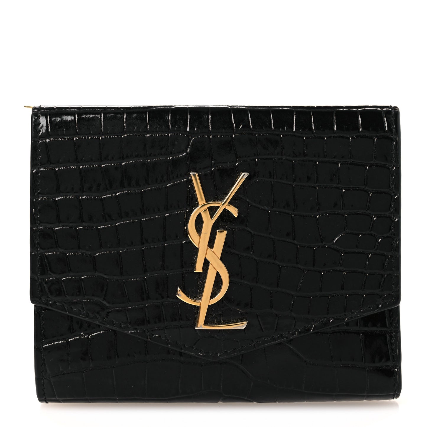 Shiny Calfskin Crocodile Embossed Monogram Uptown Compact Wallet Black