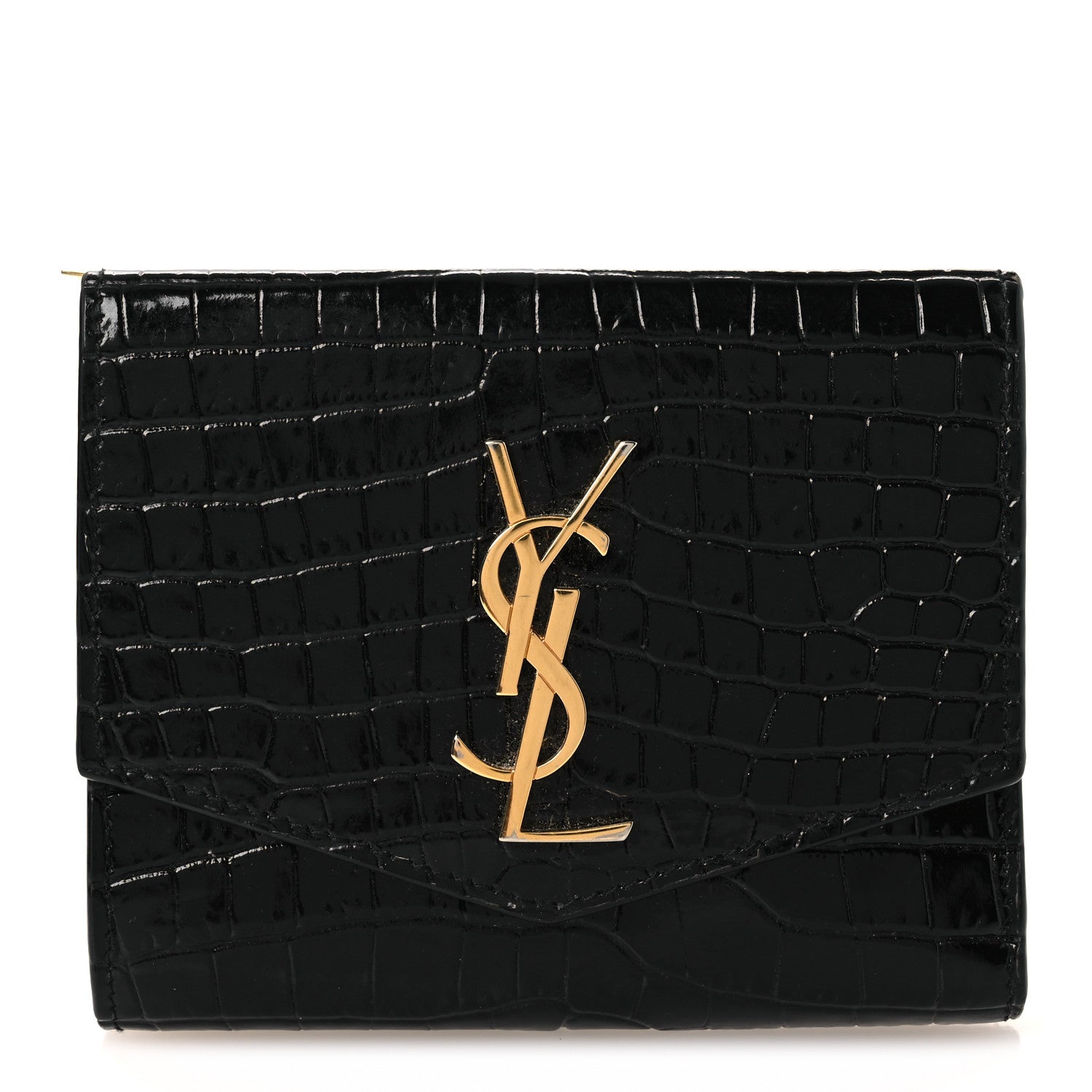 Saint Laurent Shiny Calfskin Crocodile Embossed Monogram Uptown Compact Wallet Black 1 of 10