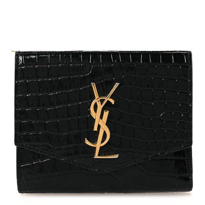 Saint Laurent Shiny Calfskin Crocodile Embossed Monogram Uptown Compact Wallet Black 1 of 10