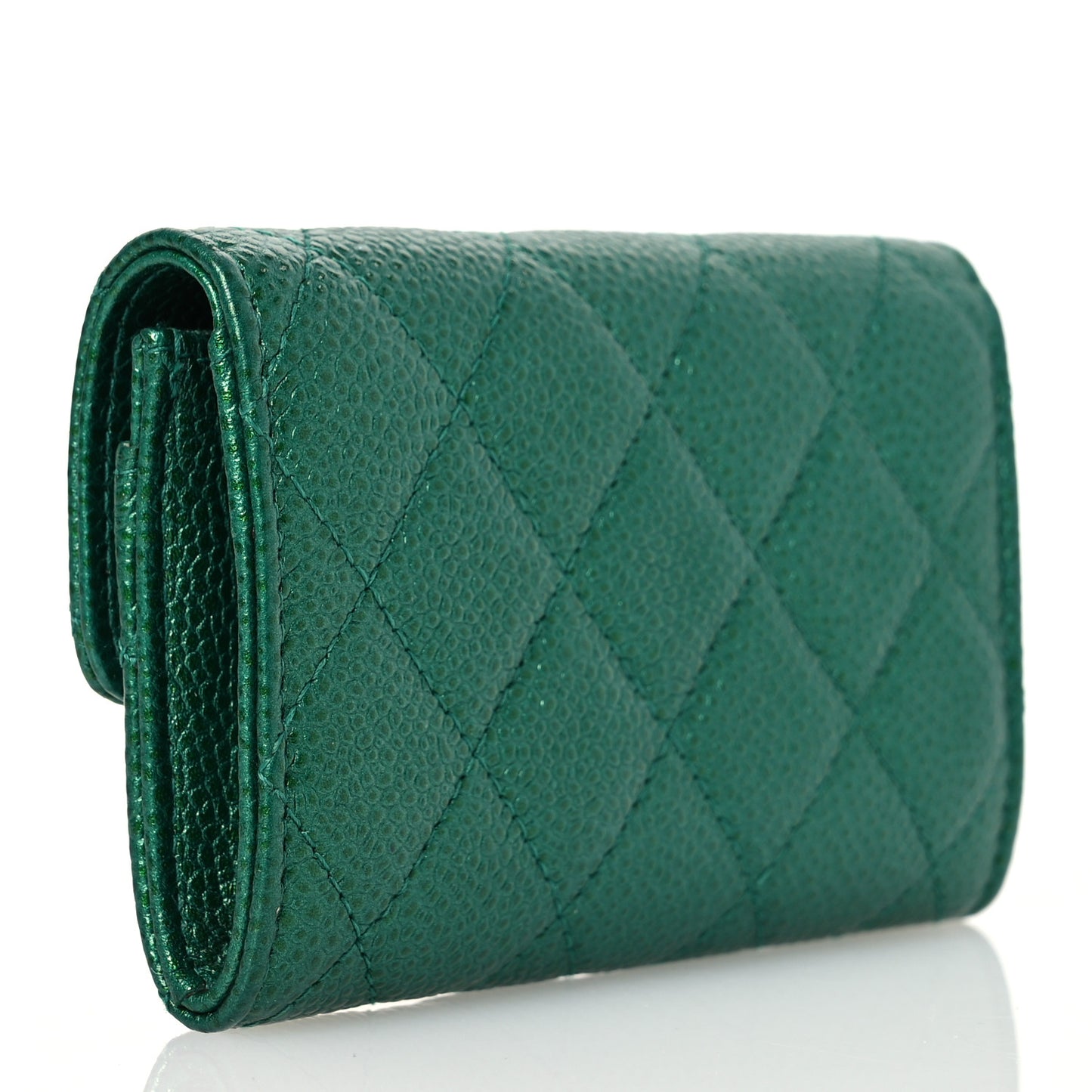 Metallic Caviar Quilted Flap Card Holder Wallet Green