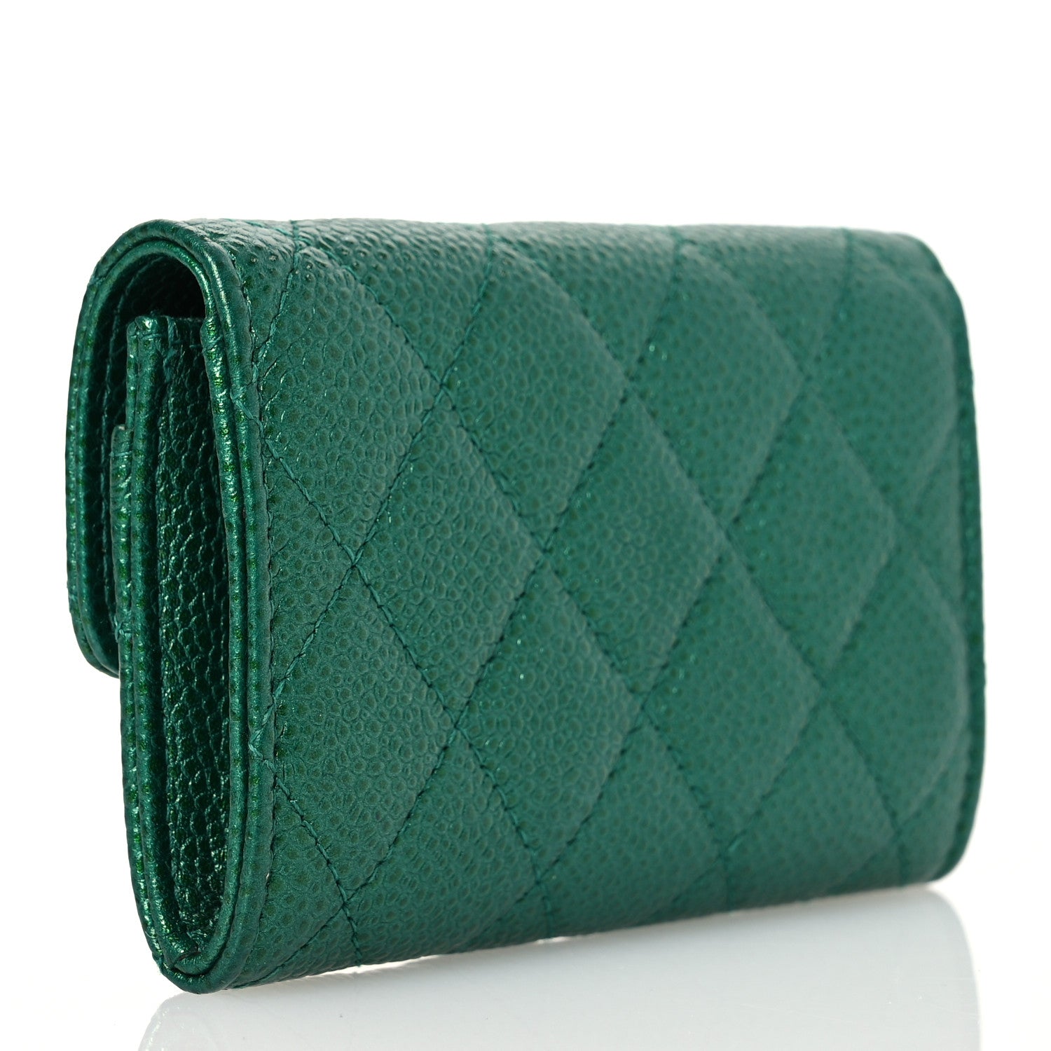 Chanel Metallic Caviar Quilted Flap Card Holder Wallet Green 3 of 13