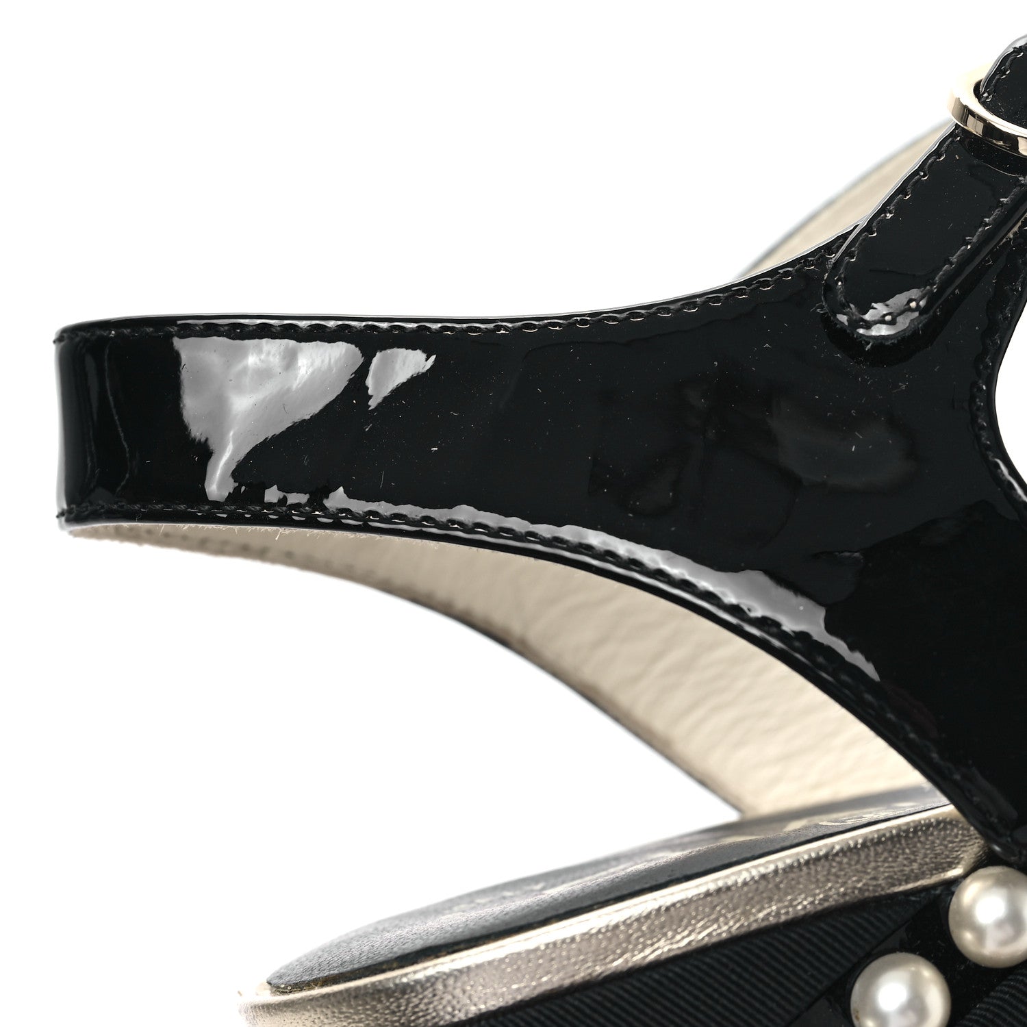 Chanel Patent Calfskin Grosgrain Pearl CC Wedge Sandals 38.5 Black 10 of 10