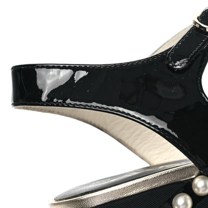 Chanel Patent Calfskin Grosgrain Pearl CC Wedge Sandals 38.5 Black 10 of 10