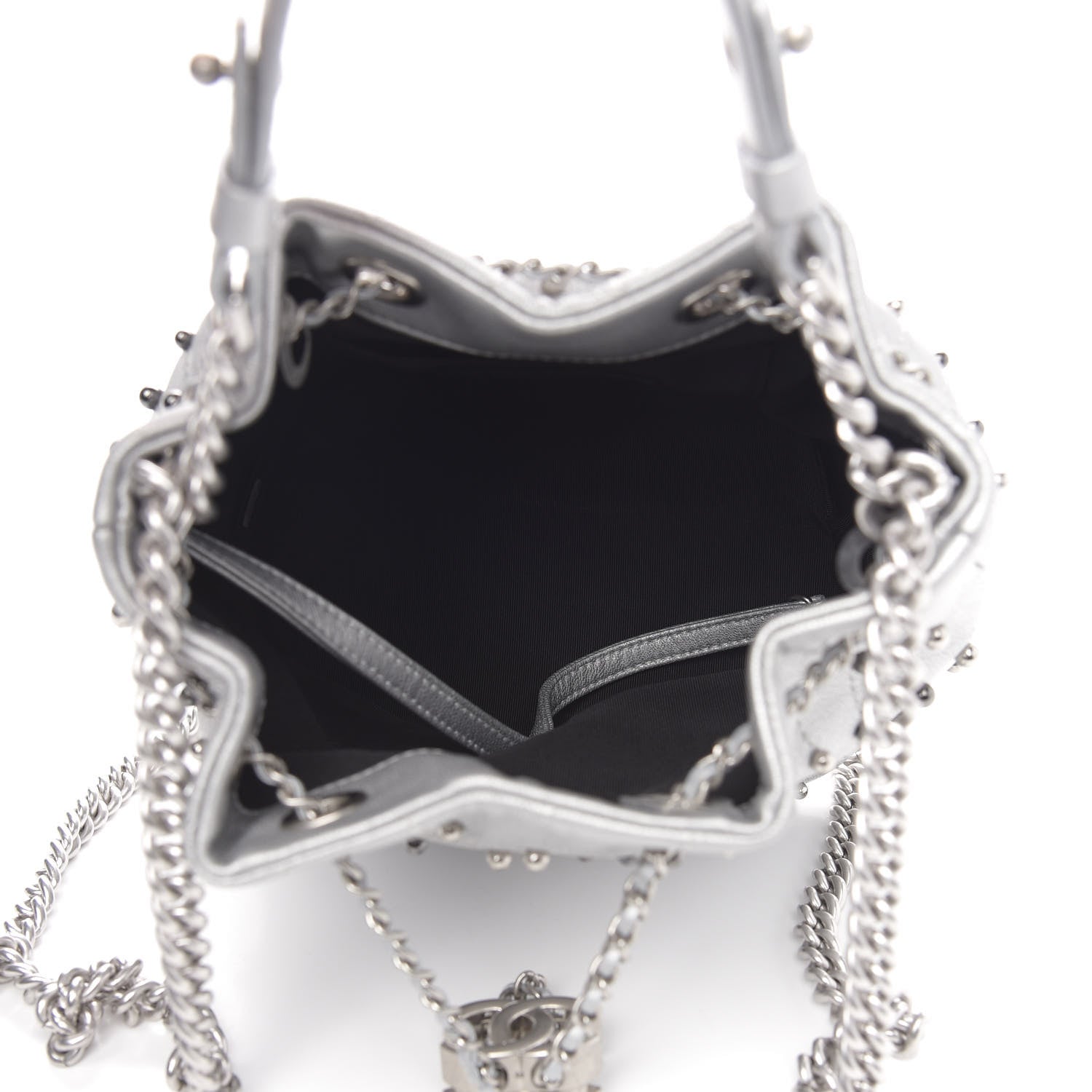 Chanel Metallic Lambskin Studded Chevron Quilted Small Stud Wars Drawstring Bag Silver 5 of 11