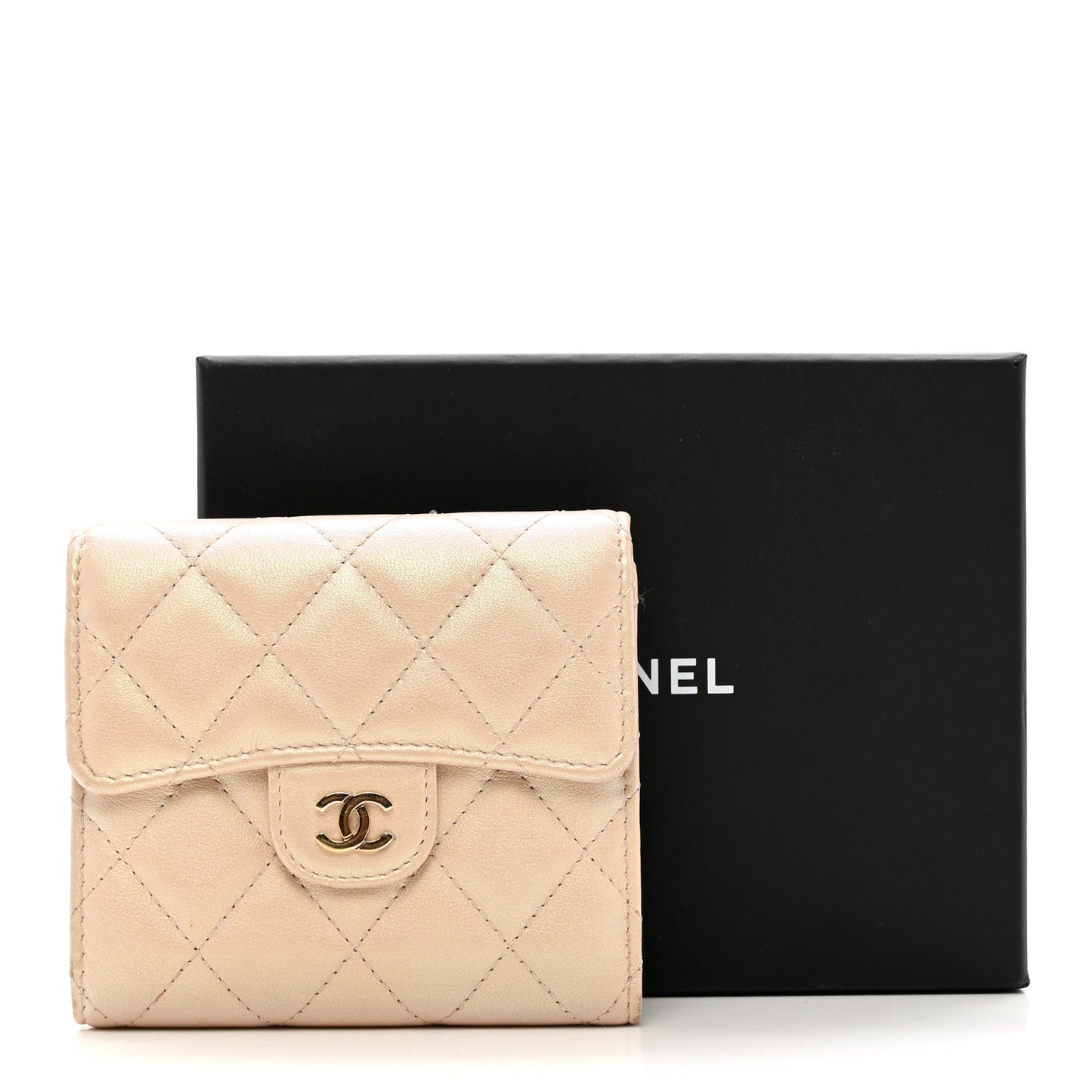 Iridescent Calfskin Quilted Compact Flap Wallet Beige