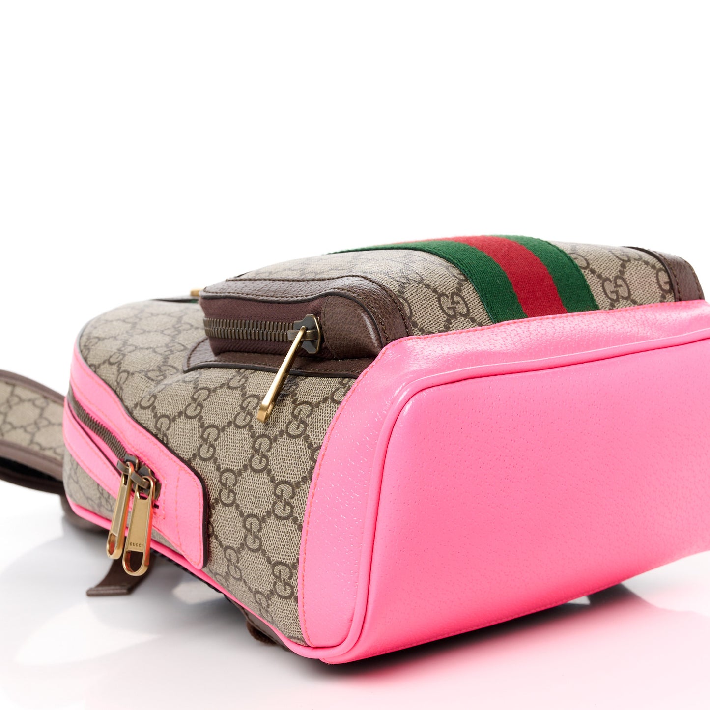 GG Supreme Monogram Textured Dollar Calfskin Web Small Ophidia Day Backpack Beige Ebony Fluorescent Fuchsia