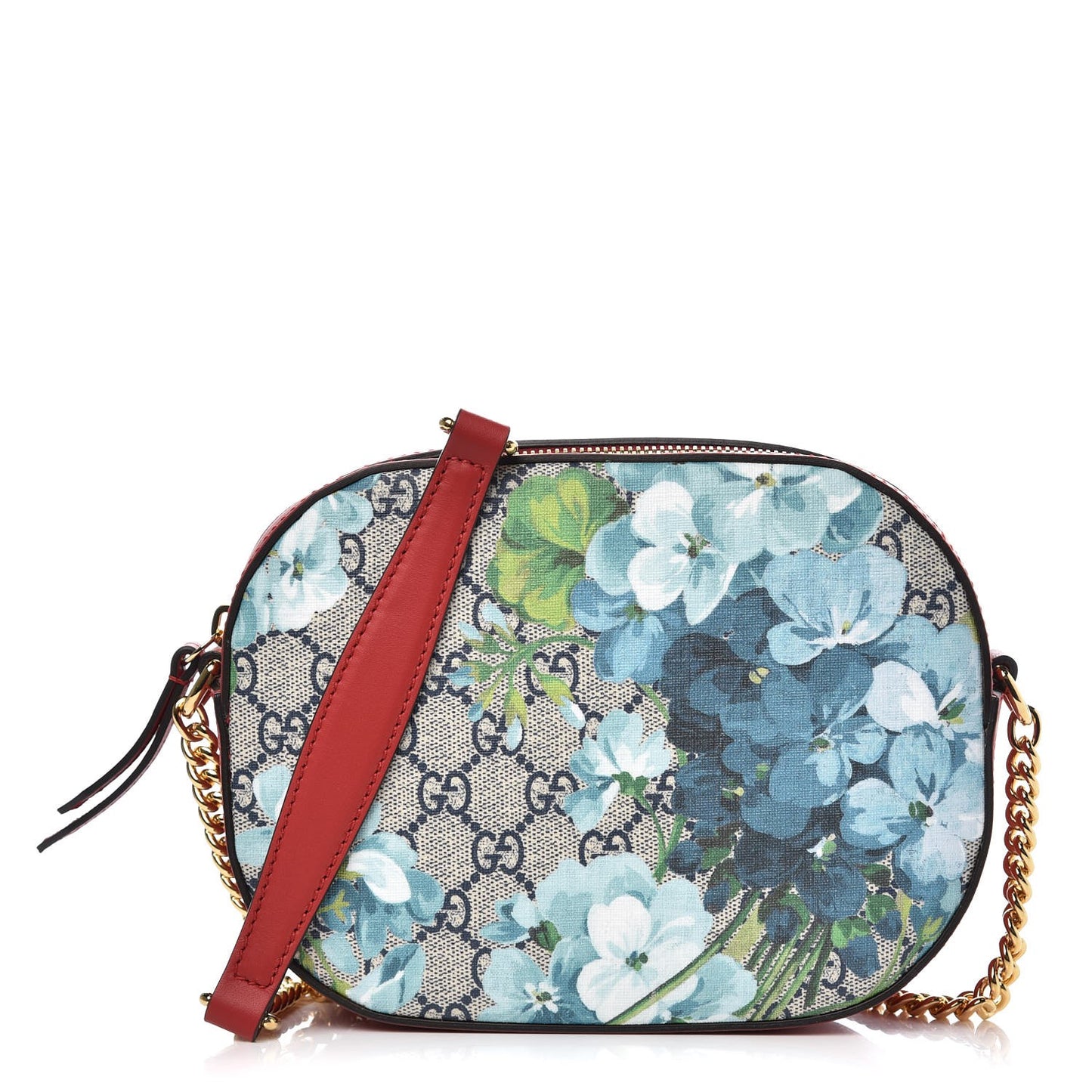 GG Supreme Monogram Blooms Mini Chain Shoulder Bag Beige Blue Navy Hibiscus Red