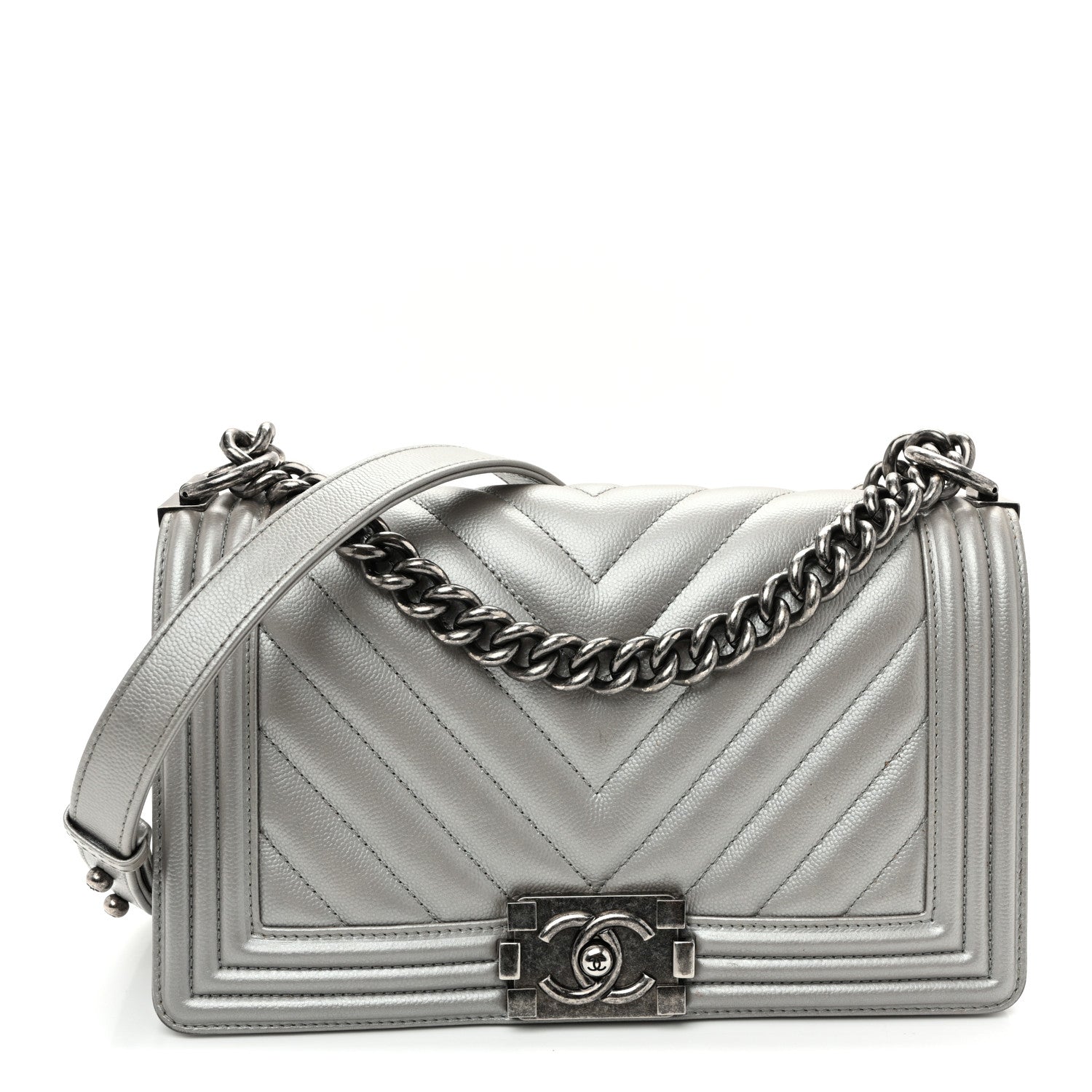Chanel Metallic Caviar Chevron Quilted Medium Boy Flap Silver 1 of 10