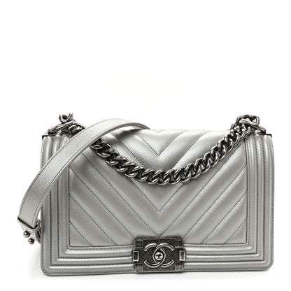 Chanel Metallic Caviar Chevron Quilted Medium Boy Flap Silver 1 of 10