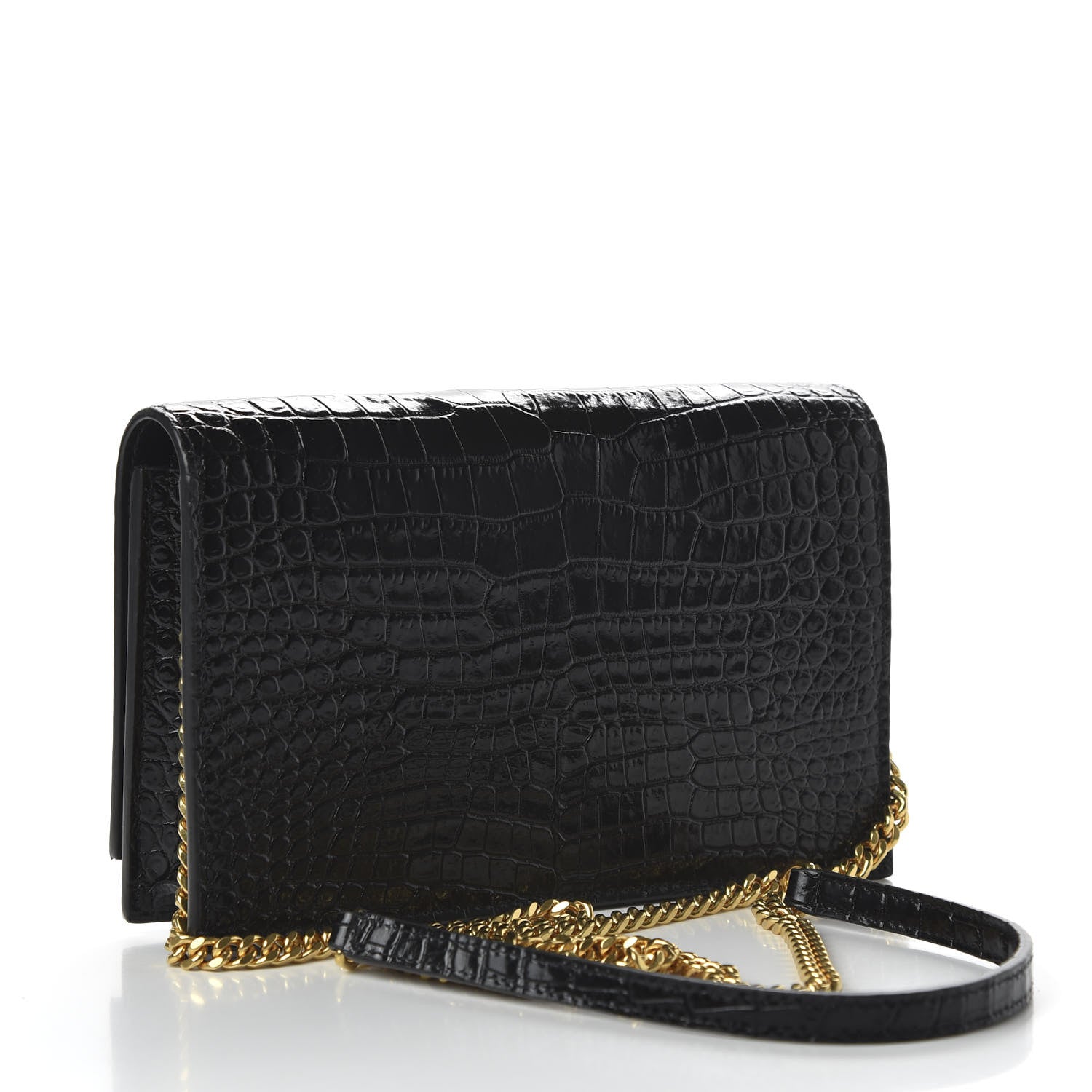 Saint Laurent Calfskin Crocodile Embossed Kate Monogram Tassel Chain Wallet Black 3 of 10