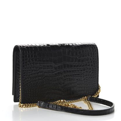 Saint Laurent Calfskin Crocodile Embossed Kate Monogram Tassel Chain Wallet Black 3 of 10