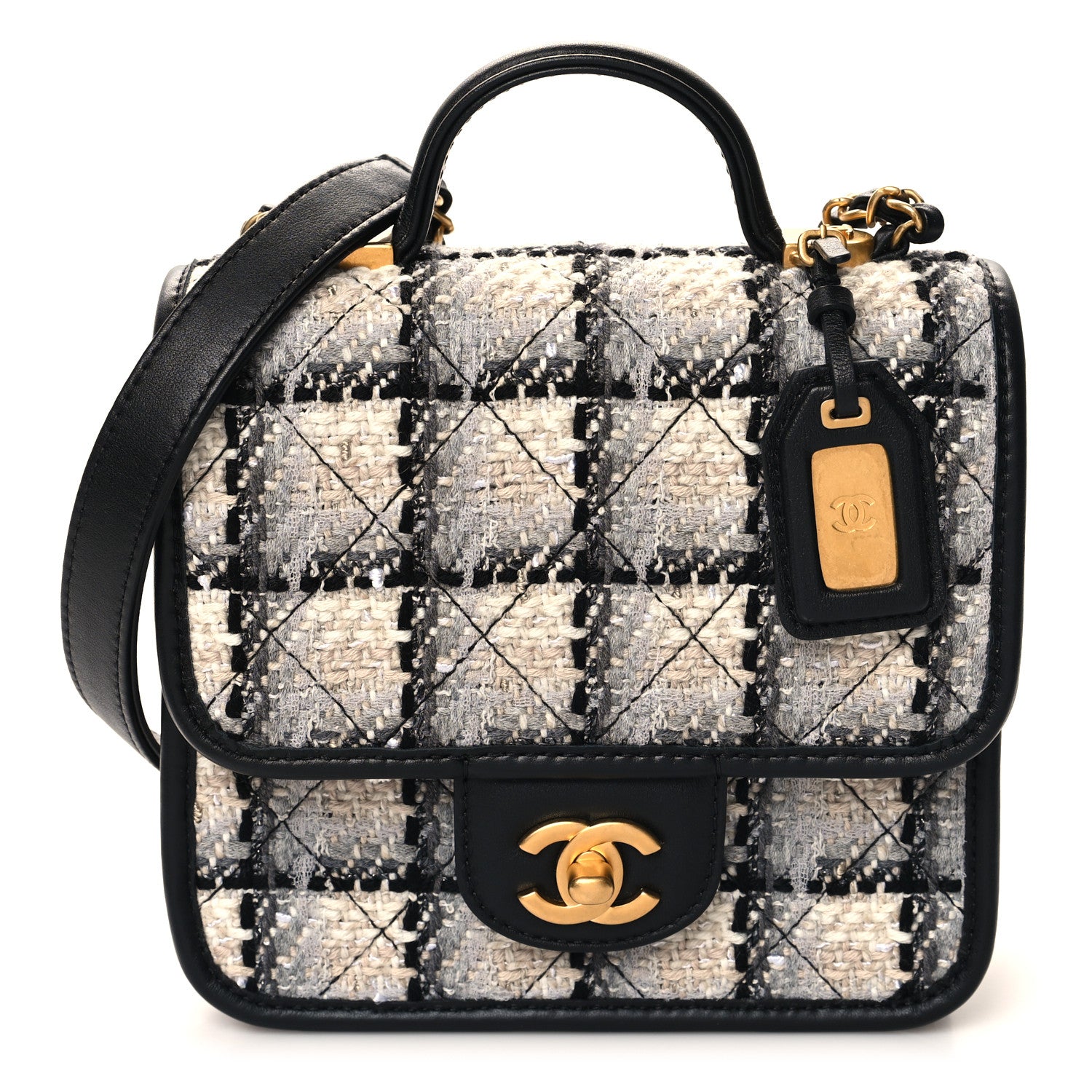 Chanel Tweed Calfskin School Memory Mini Top Handle Flap Ecru Grey Beige Black 1 of 11