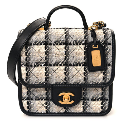 Chanel Tweed Calfskin School Memory Mini Top Handle Flap Ecru Grey Beige Black 1 of 11