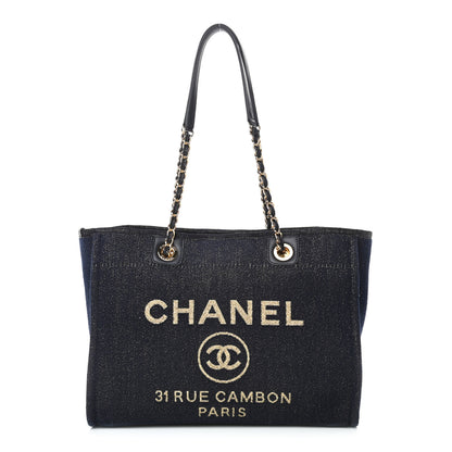 Chanel Lurex Canvas Small Deauville Tote Navy Blue Gold 1 of 10