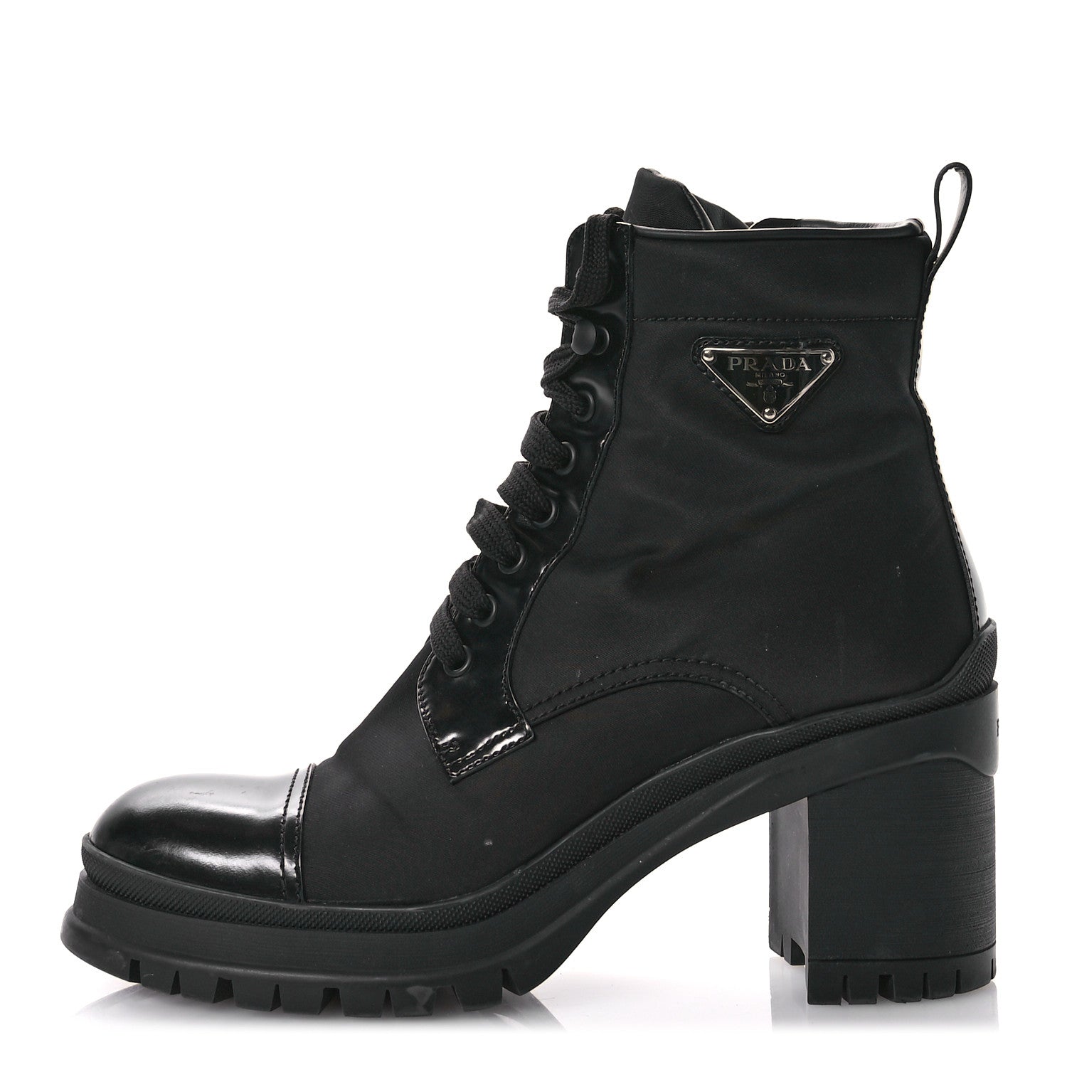 Prada Spazzolato Re-Nylon Metal Triangle Logo Lace Up 55mm Ankle Boots 39 Black 1 of 10