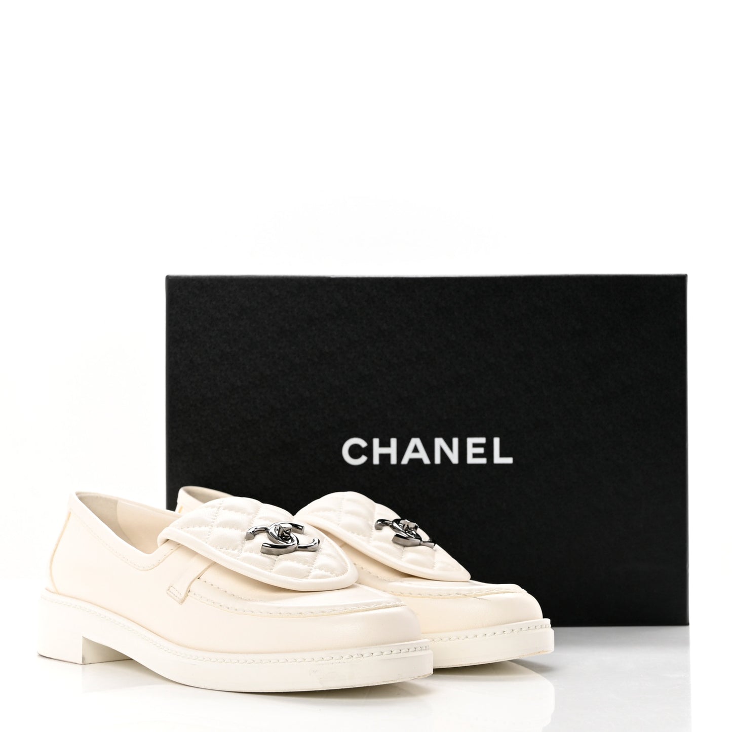 Shiny Lambskin Quilted CC Turnlock Loafers 38 White