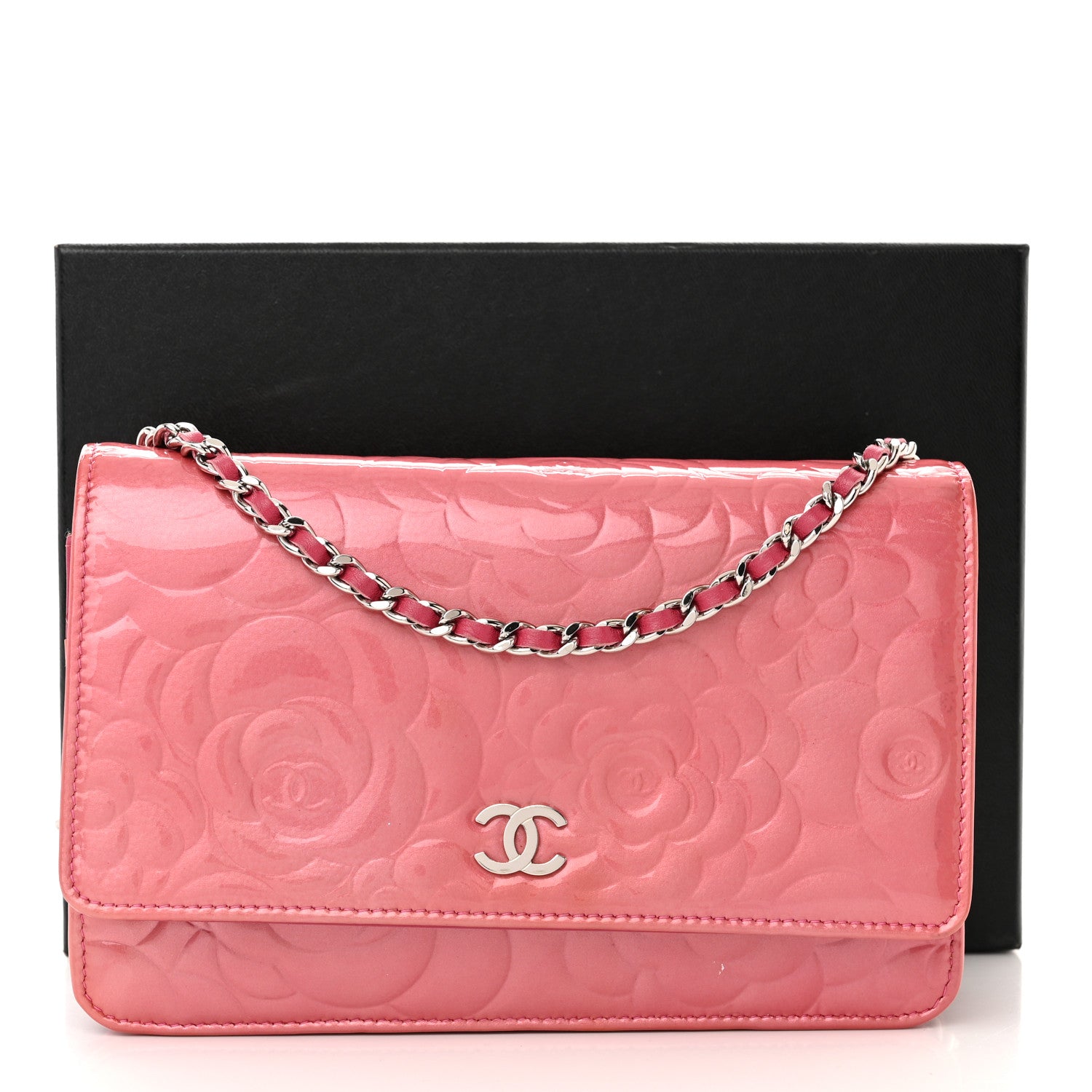 Chanel Patent Camellia Embossed Wallet on Chain WOC Rose 24 of 24