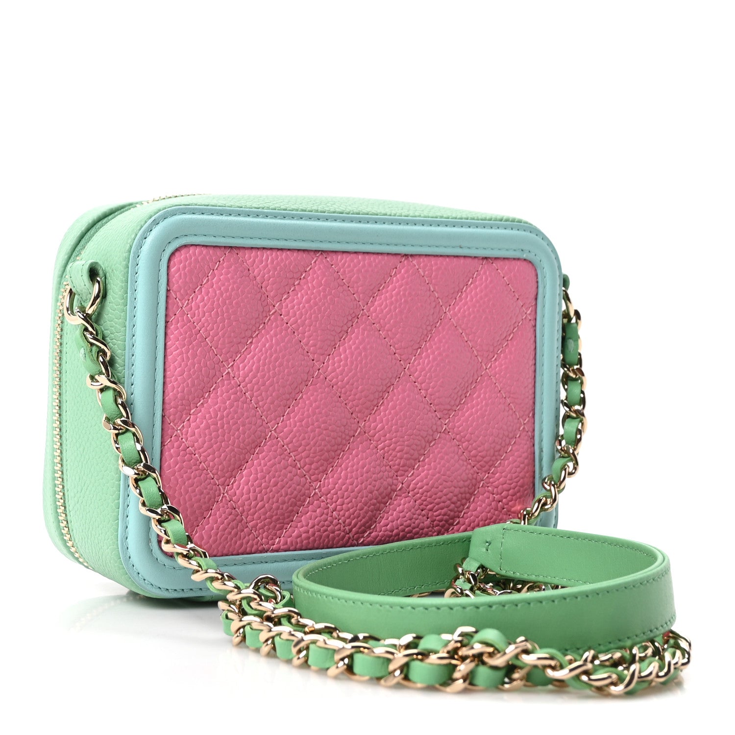 Chanel Caviar Quilted Filigree Vanity Clutch With Chain Pink Light Blue Green 3 of 10