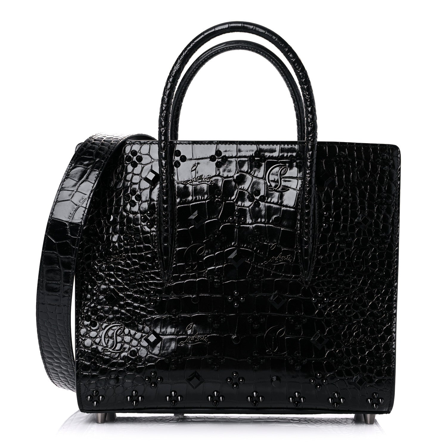 Christian Louboutin Calfskin Alligator Embossed Studded Medium Paloma Black 1 of 9