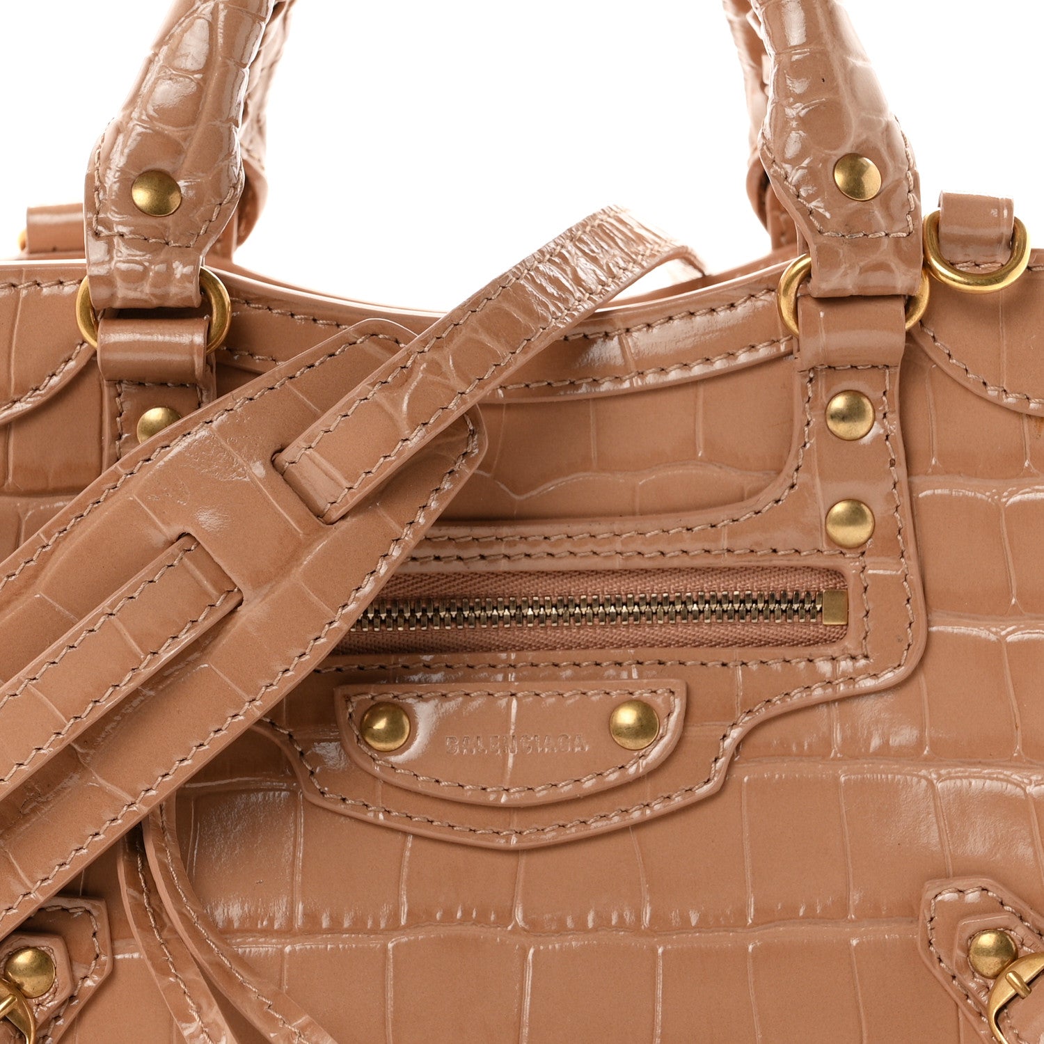 Balenciaga Shiny Supple Calfskin Crocodile Embossed Neo Classic Gold Hardware Mini City Nude Beige 7 of 9