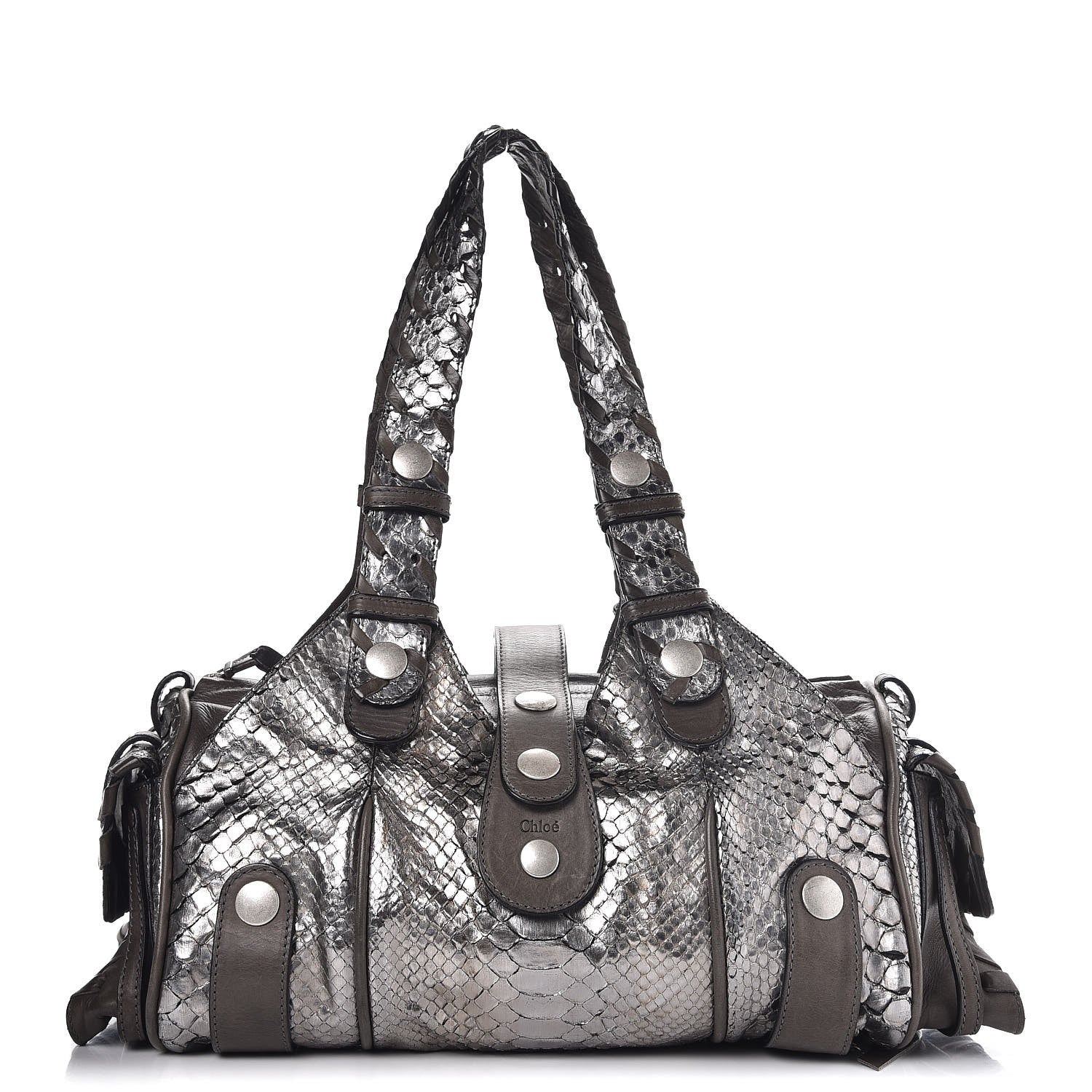 バッグ Chloe Python Silverado Leather Handbag Chloe Metallic Python Silverado Shoulder Bag Silver Grey