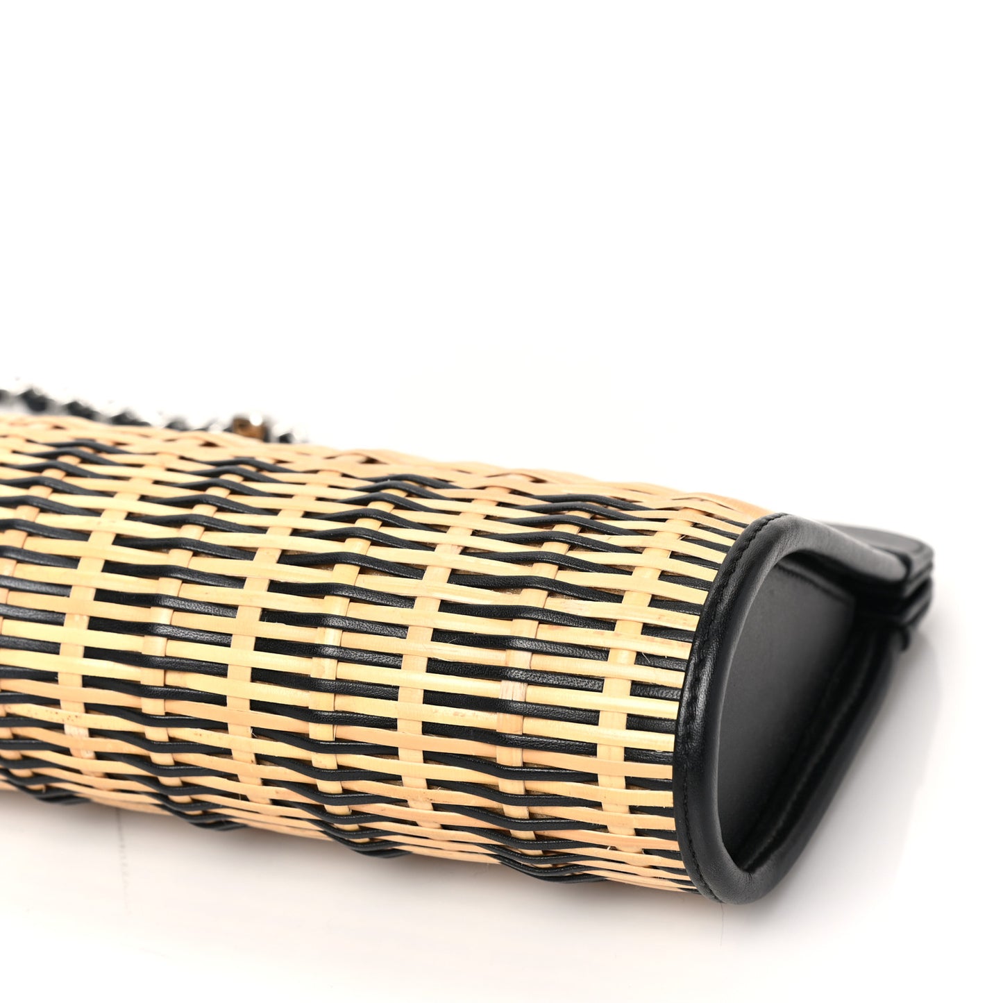 Rattan Calfskin CC Chain Wristlet Clutch Black Beige