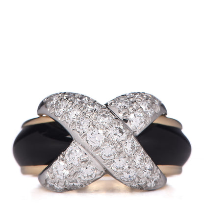Tiffany 18K Yellow Gold Platinum Diamond Enamel Schlumberger X Pave Ring 49 5 1 of 7