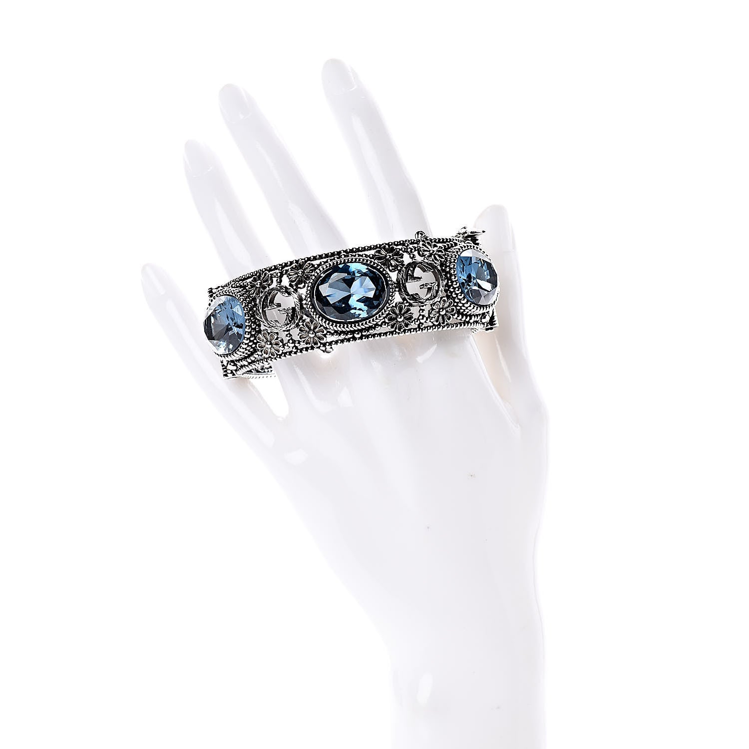Gucci Sterling Silver Crystal Interlocking G Bangle Bracelet Blue 2 of 4