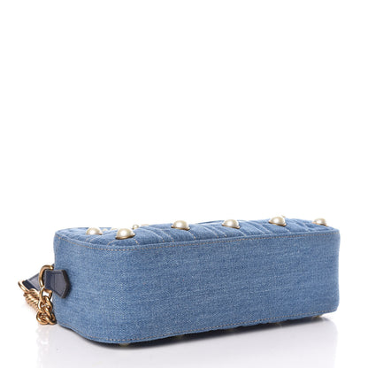 Gucci Denim Matelasse Pearl Studded Small GG Marmont Chain Shoulder Bag Blue 4 of 9