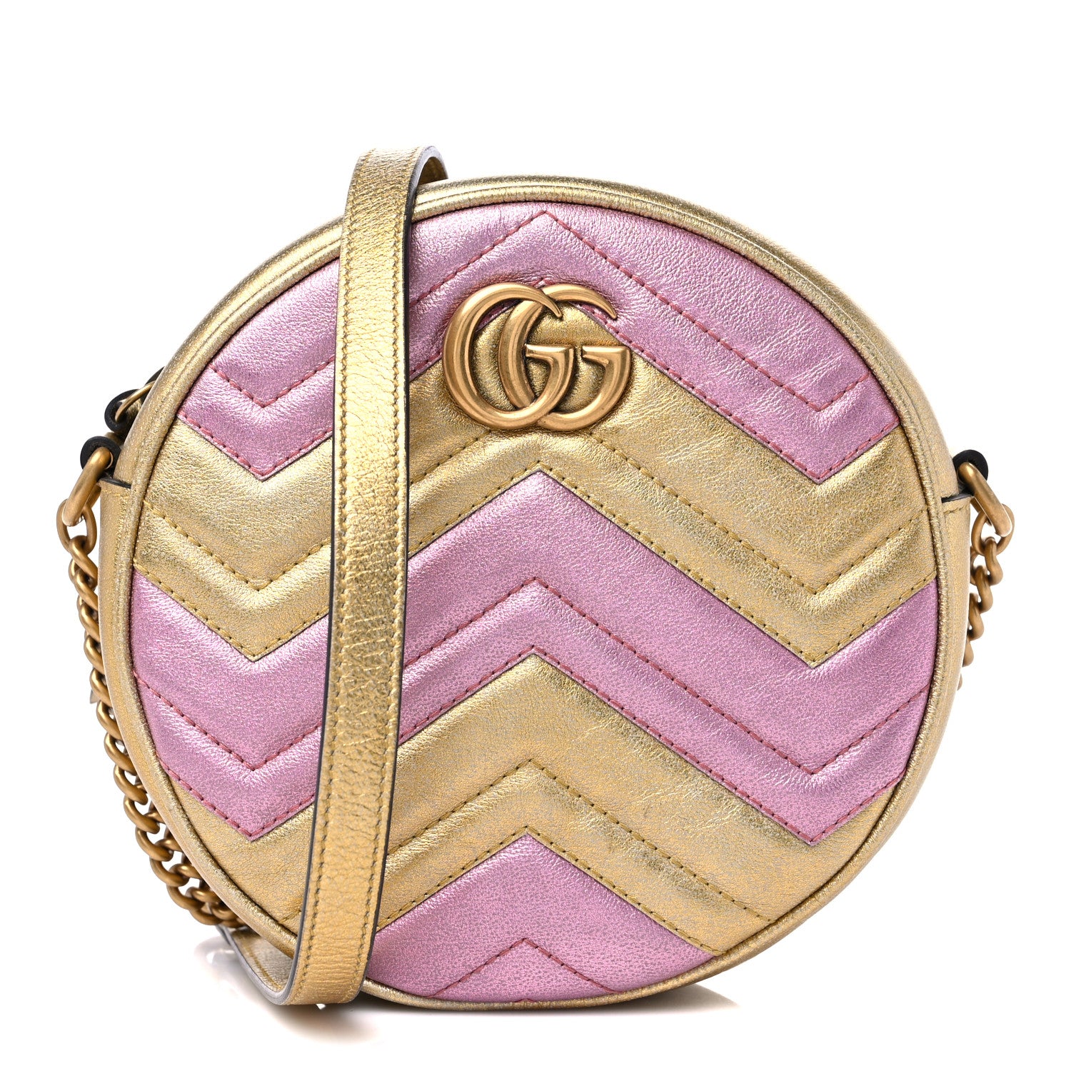 Gucci Metallic Nappa Matelasse Heart Mini GG Marmont Round Shoulder Bag Oro Vecchio Rosa 1 of 9