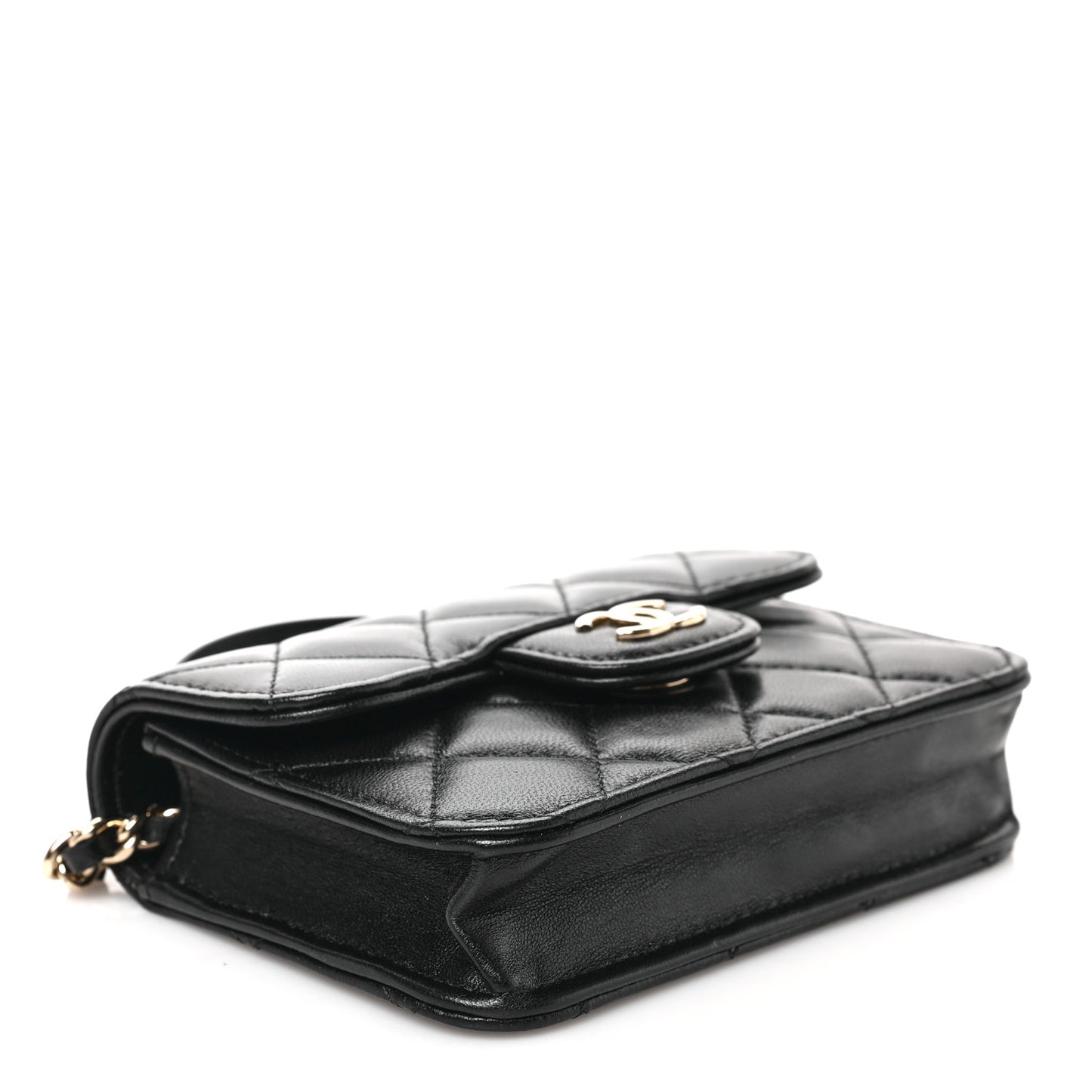 Lambskin Quilted Top Handle Flap Coin Purse With Chain Black